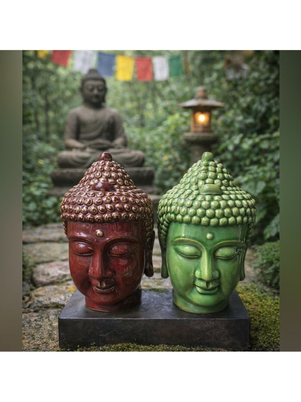 VINTAGE Large Ceramic Buddha Head Statues Pair • 12” Meditation Yoga Room Decor